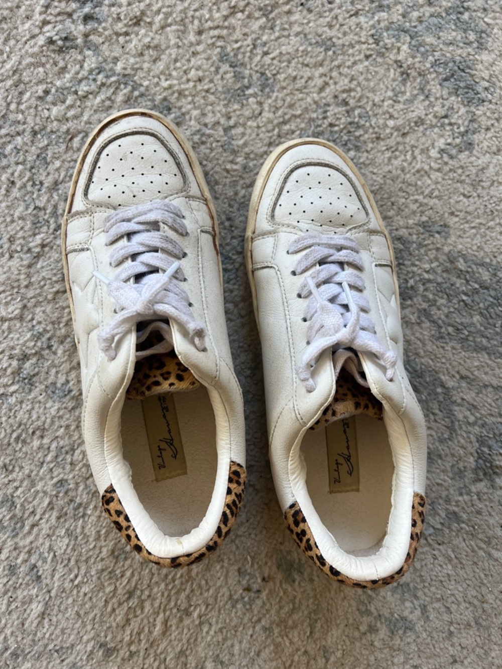 Vintage White Sneakers with Leopard Heel Accent